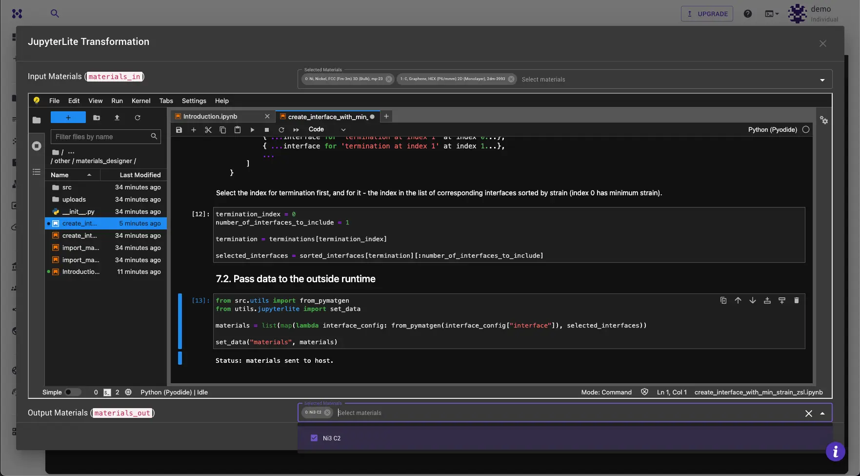 Submit Results JupyterLite Transformation dialog with materials_out dropdown opened