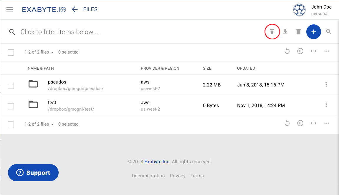 Dropbox page with upload circled Dropbox Page with Upload